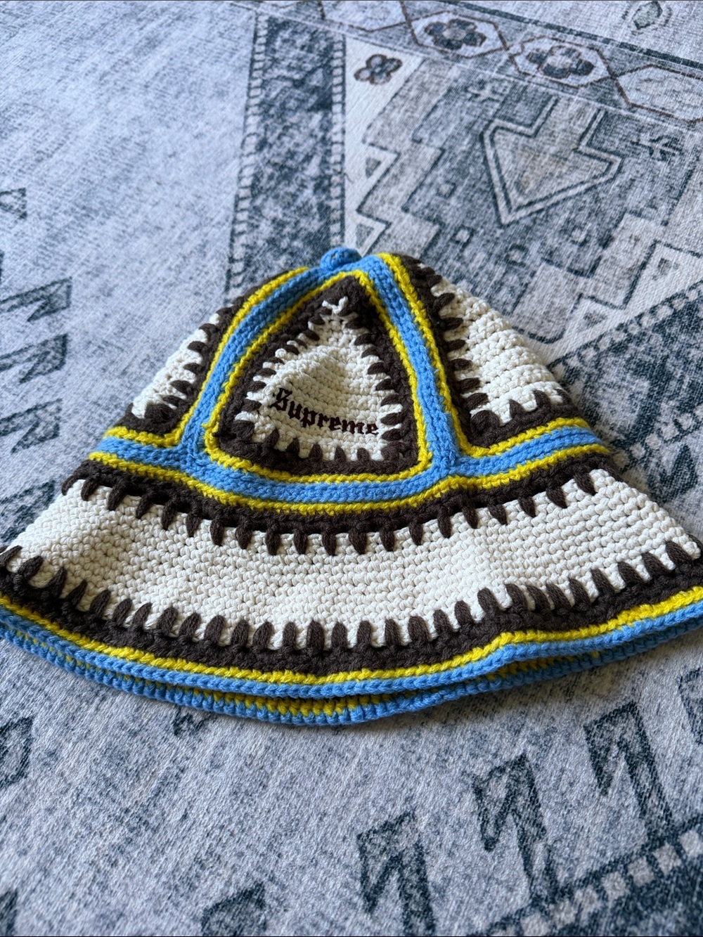 Supreme Kids Crochet Bucket Hat in Cream, Brown, Blue & Yellow